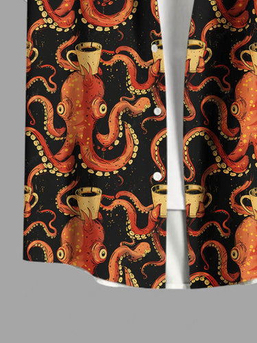 Gothic Plus Size Octopus Cups Print Buttons Pocket Halloween Shirt For Men