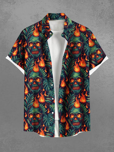 Gothic Plus Size Skulls Fire Flame Tropical Leaf Print Buttons Pocket Halloween Shirt For Men