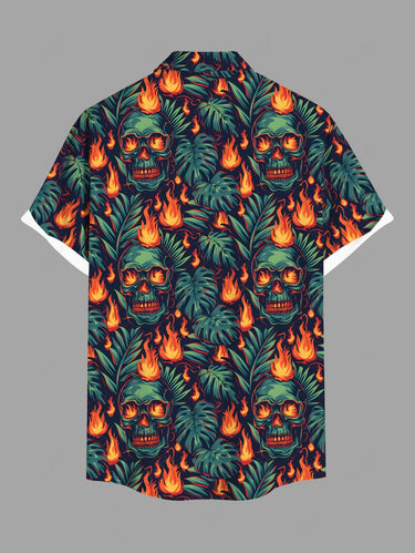 Gothic Plus Size Skulls Fire Flame Tropical Leaf Print Buttons Pocket Halloween Shirt For Men