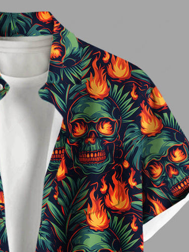 Gothic Plus Size Skulls Fire Flame Tropical Leaf Print Buttons Pocket Halloween Shirt For Men