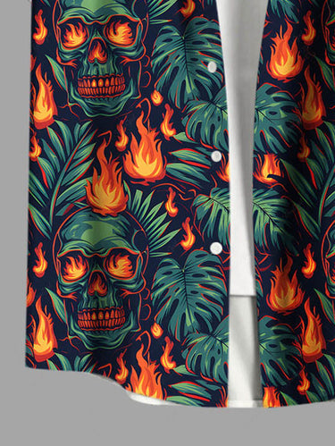 Gothic Plus Size Skulls Fire Flame Tropical Leaf Print Buttons Pocket Halloween Shirt For Men