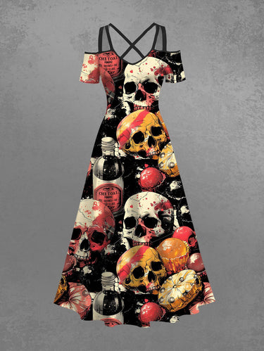 Gothic Plus Size Skulls Bottles Cakes Print Cold Shoulder Crisscross Halloween Maxi Dress