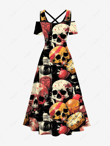 Gothic Plus Size Skulls Bottles Cakes Print Cold Shoulder Crisscross Halloween Maxi Dress