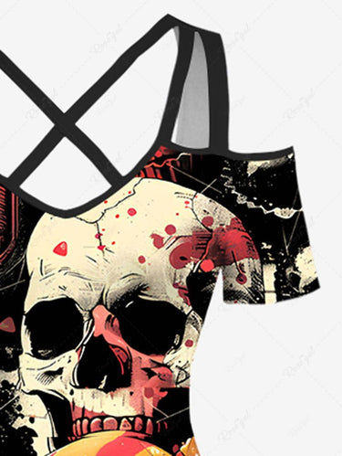Gothic Plus Size Skulls Bottles Cakes Print Cold Shoulder Crisscross Halloween Maxi Dress