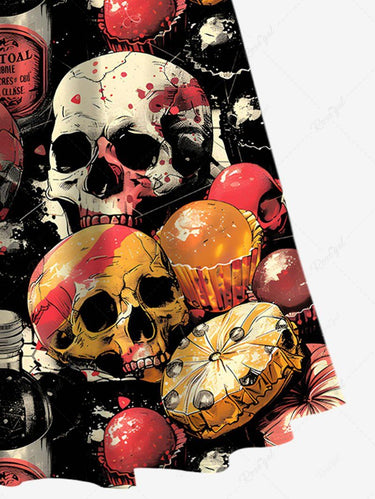 Gothic Plus Size Skulls Bottles Cakes Print Cold Shoulder Crisscross Halloween Maxi Dress