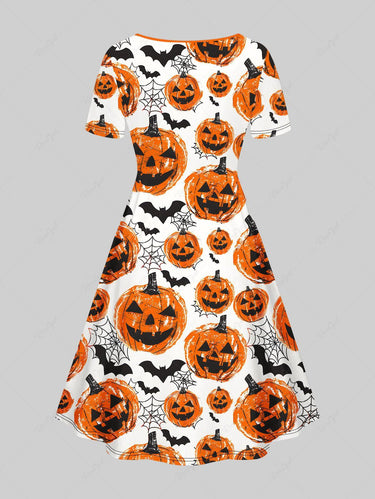 Gothic Plus Size Pumpkin Lantern Bat Spider Web Print Cinched Halloween Dress