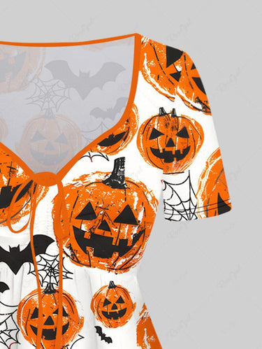 Gothic Plus Size Pumpkin Lantern Bat Spider Web Print Cinched Halloween Dress