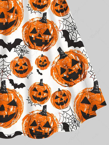 Gothic Plus Size Pumpkin Lantern Bat Spider Web Print Cinched Halloween Dress