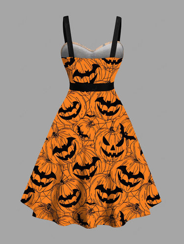 Gothic Plus Size Pumpkin Lantern Print Buttons Turn Down Collar Halloween Dress With Belt