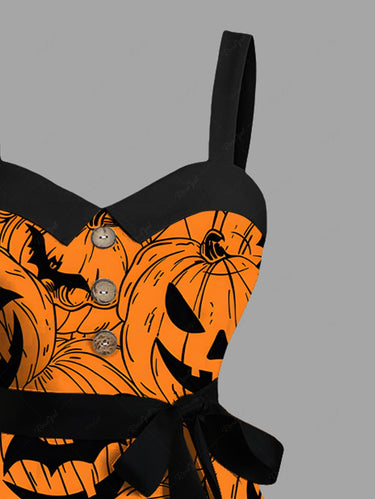 Gothic Plus Size Pumpkin Lantern Print Buttons Turn Down Collar Halloween Dress With Belt