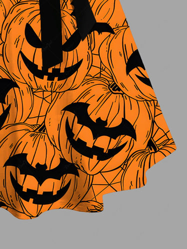Gothic Plus Size Pumpkin Lantern Print Buttons Turn Down Collar Halloween Dress With Belt