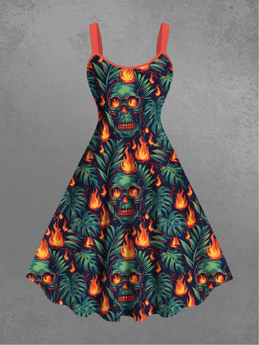 Gothic Plus Size Skulls Fire Flame Tropical Leaf Print Halloween Tank Dress