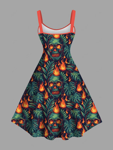 Gothic Plus Size Skulls Fire Flame Tropical Leaf Print Halloween Tank Dress