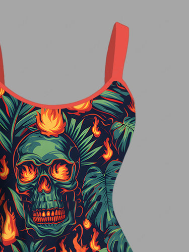 Gothic Plus Size Skulls Fire Flame Tropical Leaf Print Halloween Tank Dress
