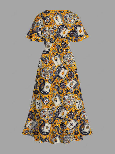 Gothic Plus Size Pokers Paisley Flowers Print Halloween Split Midi Dress