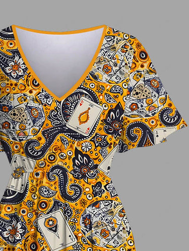 Gothic Plus Size Pokers Paisley Flowers Print Halloween Split Midi Dress