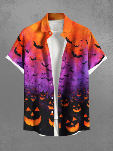 Gothic Plus Size Halloween Bat Pumpkin Lantern Ombre Colorblock Print Buttons Pocket Shirt For Men