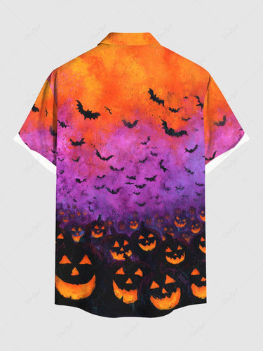 Gothic Plus Size Halloween Bat Pumpkin Lantern Ombre Colorblock Print Buttons Pocket Shirt For Men