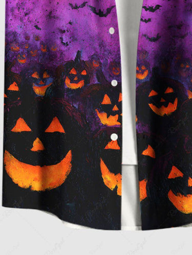 Gothic Plus Size Halloween Bat Pumpkin Lantern Ombre Colorblock Print Buttons Pocket Shirt For Men