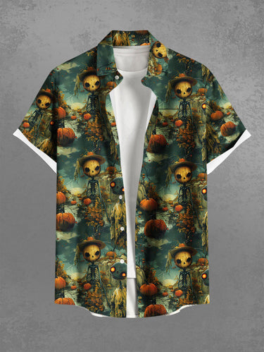 Gothic Plus Size Halloween Skull Skeleton Alien Pumpkin Print Buttons Pocket Shirt For Men