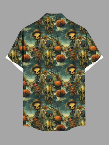 Gothic Plus Size Halloween Skull Skeleton Alien Pumpkin Print Buttons Pocket Shirt For Men