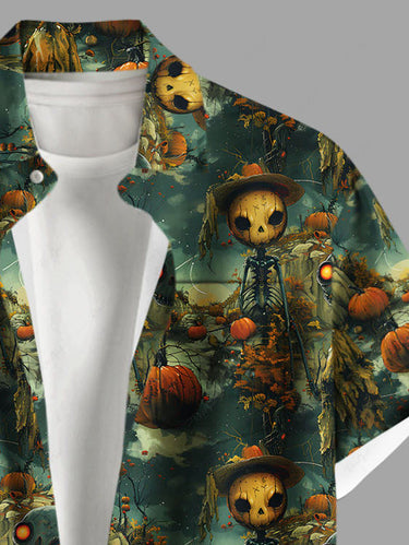 Gothic Plus Size Halloween Skull Skeleton Alien Pumpkin Print Buttons Pocket Shirt For Men
