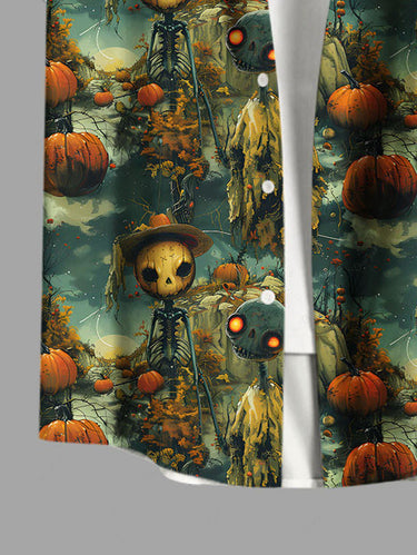 Gothic Plus Size Halloween Skull Skeleton Alien Pumpkin Print Buttons Pocket Shirt For Men