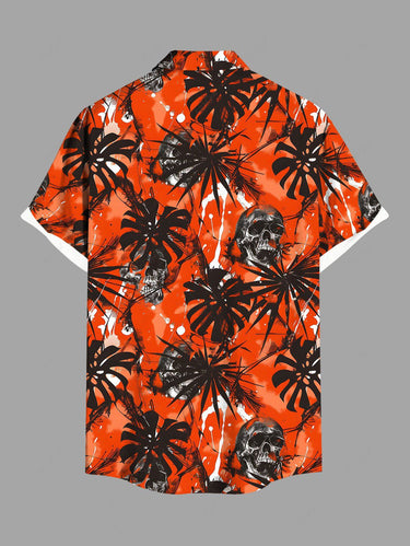Gothic Plus Size Halloween Skulls Tropical Leaf Paint Splatter Print Buttons Pocket Shirt For Men