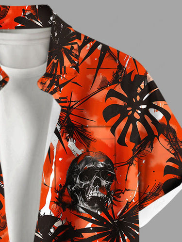 Gothic Plus Size Halloween Skulls Tropical Leaf Paint Splatter Print Buttons Pocket Shirt For Men