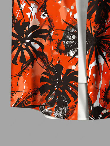 Gothic Plus Size Halloween Skulls Tropical Leaf Paint Splatter Print Buttons Pocket Shirt For Men