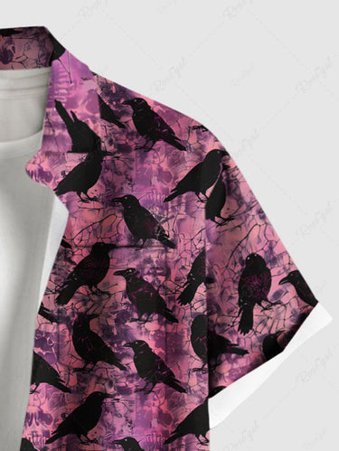 Gothic Plus Size Halloween Crow Tie Dye Print Buttons Pocket Shirt For Men