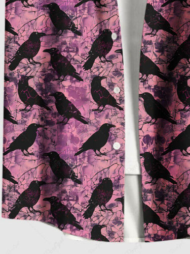 Gothic Plus Size Halloween Crow Tie Dye Print Buttons Pocket Shirt For Men