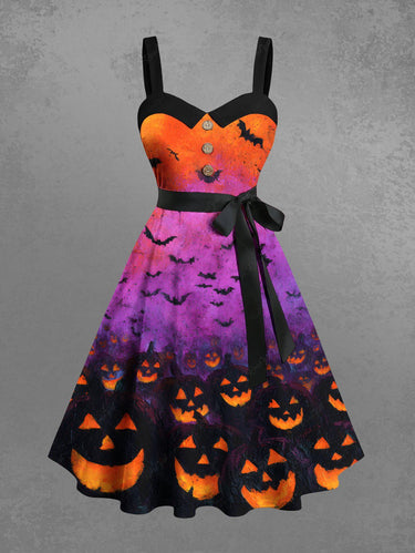 Gothic Plus Size Halloween Bat Pumpkin Lantern Ombre Colorblock Print Buttons Turn Down Collar Dress With Belt