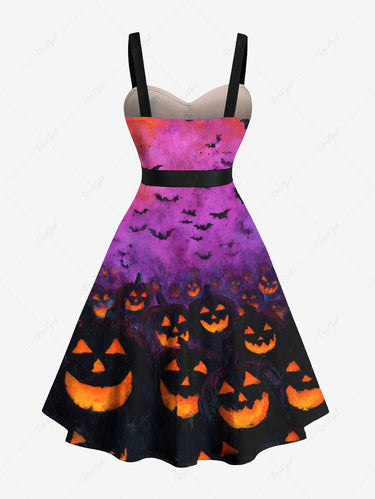 Gothic Plus Size Halloween Bat Pumpkin Lantern Ombre Colorblock Print Buttons Turn Down Collar Dress With Belt