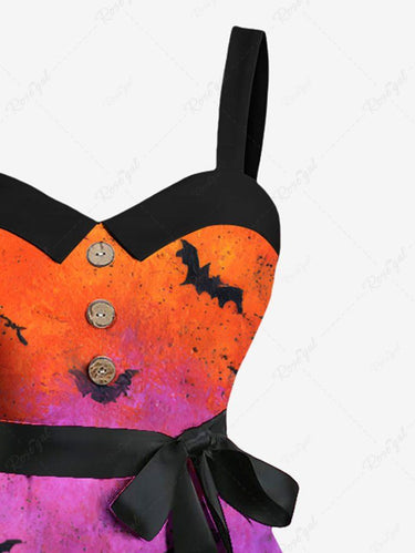 Gothic Plus Size Halloween Bat Pumpkin Lantern Ombre Colorblock Print Buttons Turn Down Collar Dress With Belt