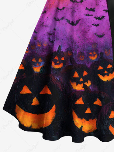 Gothic Plus Size Halloween Bat Pumpkin Lantern Ombre Colorblock Print Buttons Turn Down Collar Dress With Belt