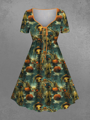 Gothic Plus Size Halloween Skull Skeleton Alien Pumpkin Print Cinched Dress