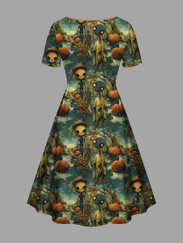 Gothic Plus Size Halloween Skull Skeleton Alien Pumpkin Print Cinched Dress