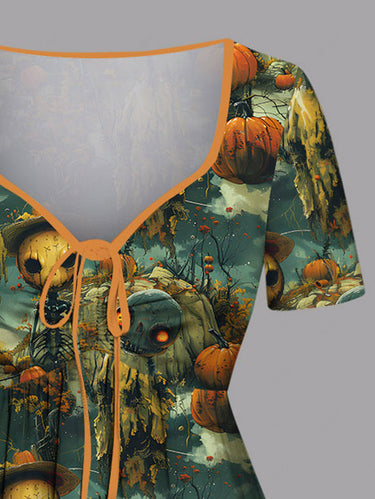 Gothic Plus Size Halloween Skull Skeleton Alien Pumpkin Print Cinched Dress