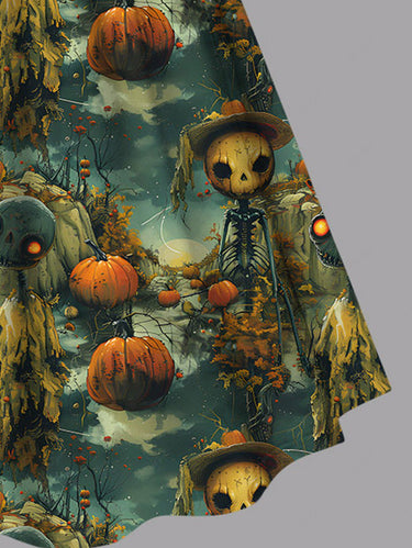 Gothic Plus Size Halloween Skull Skeleton Alien Pumpkin Print Cinched Dress