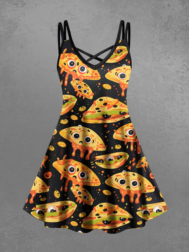 Gothic Plus Size Alien Sandwich Cartoon Print Crisscross Cami Dress