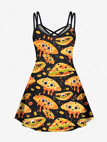 Gothic Plus Size Alien Sandwich Cartoon Print Crisscross Cami Dress