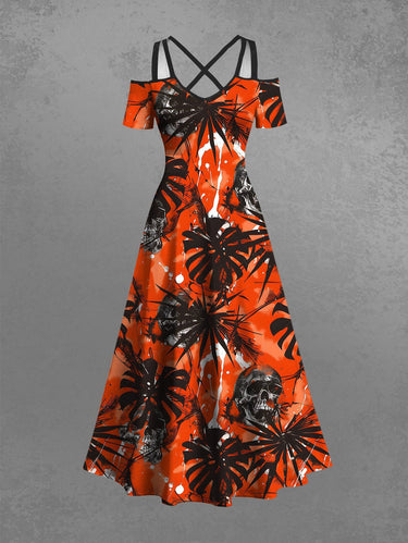 Gothic Plus Size Halloween Skulls Tropical Leaf Paint Splatter Print Cold Shoulder Crisscross Maxi Dress
