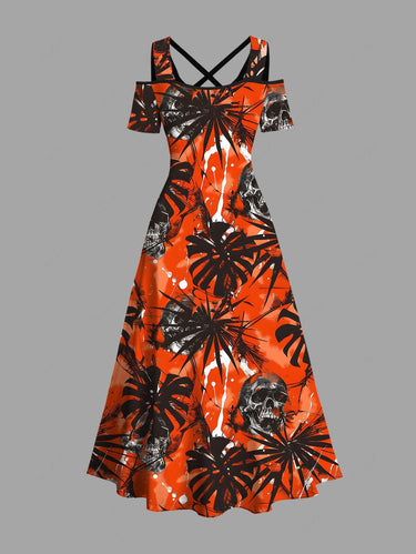 Gothic Plus Size Halloween Skulls Tropical Leaf Paint Splatter Print Cold Shoulder Crisscross Maxi Dress