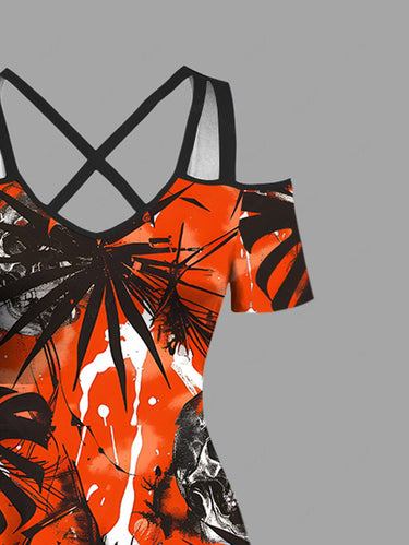 Gothic Plus Size Halloween Skulls Tropical Leaf Paint Splatter Print Cold Shoulder Crisscross Maxi Dress