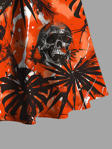 Gothic Plus Size Halloween Skulls Tropical Leaf Paint Splatter Print Cold Shoulder Crisscross Maxi Dress
