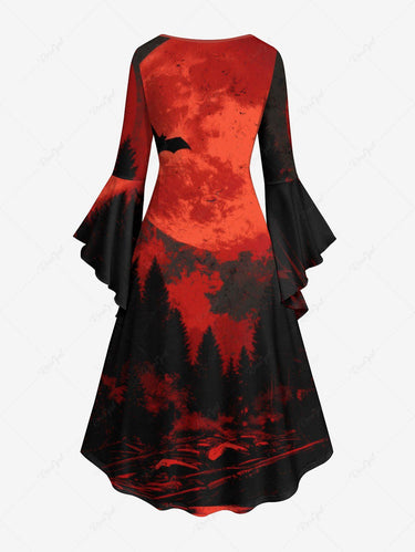 Gothic Plus Size Halloween Bat Trees Print Ruched Flare Sleeves High Low Dress