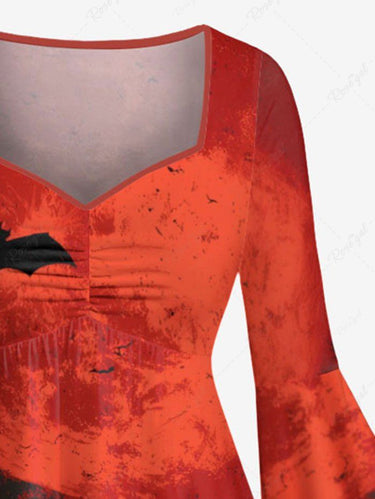 Gothic Plus Size Halloween Bat Trees Print Ruched Flare Sleeves High Low Dress
