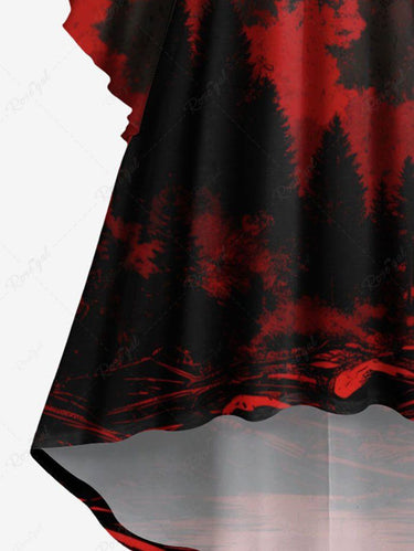 Gothic Plus Size Halloween Bat Trees Print Ruched Flare Sleeves High Low Dress