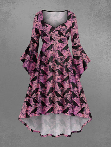 Gothic Plus Size Halloween Crow Tie Dye Print Ruched Flare Sleeves High Low Dress